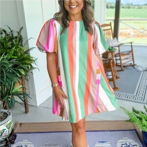 NWT Entro Multicolor Striped Dress with Puff Sleeves